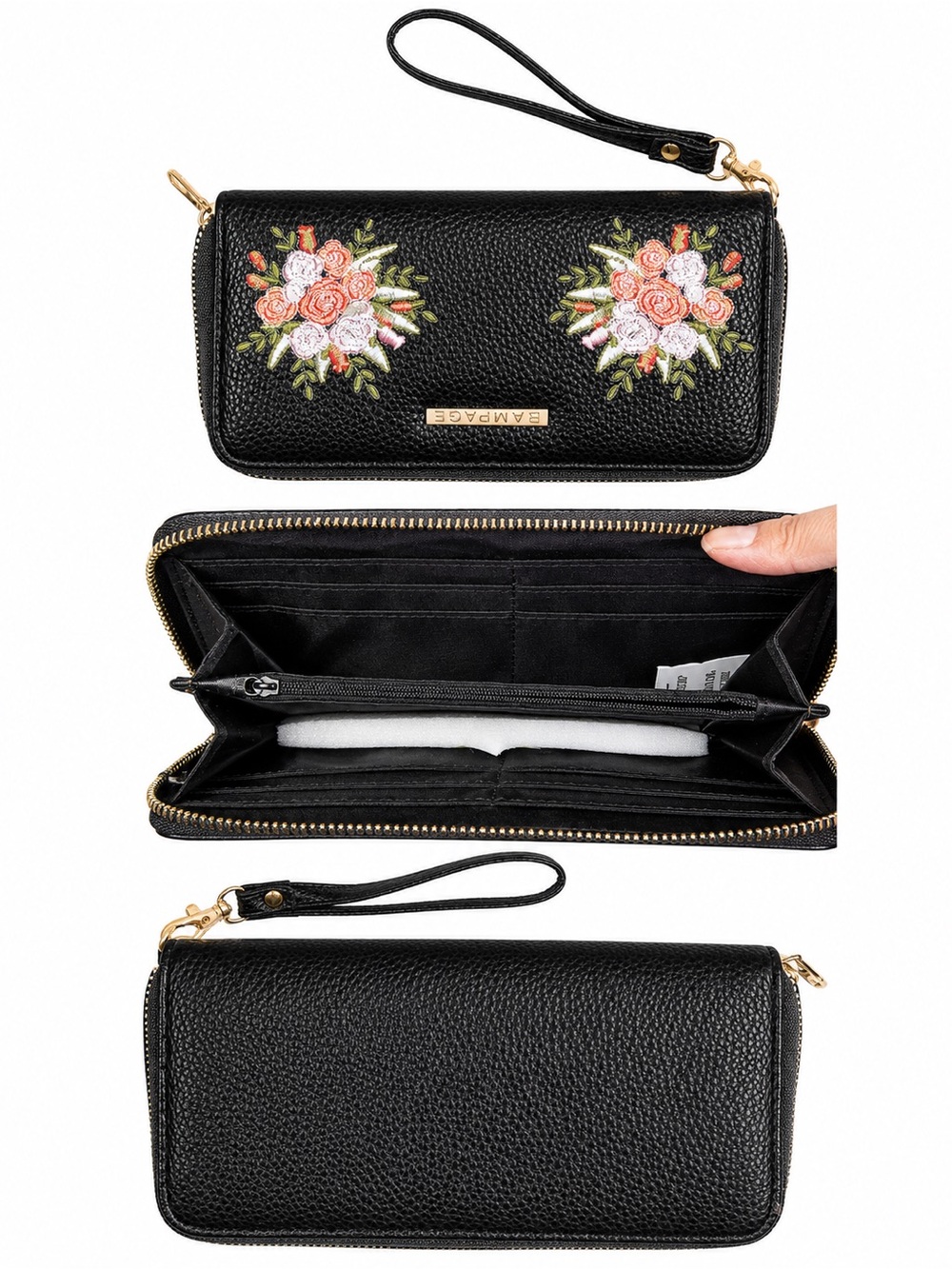 Black Floral Embroidered Zip-Around Wristlet Wallet